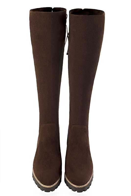 Dark brown women's knee-high boots, with laces at the back. Round toe. Low rubber soles. Made to measure. Top view - Florence KOOIJMAN